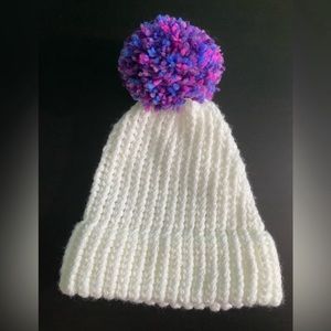New Handmade Knit Beanie- White/Purple